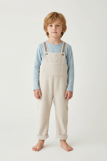 Pantalon Blanc Salopette Côtelée Ample Décontractée Enfant - Beige Cordé