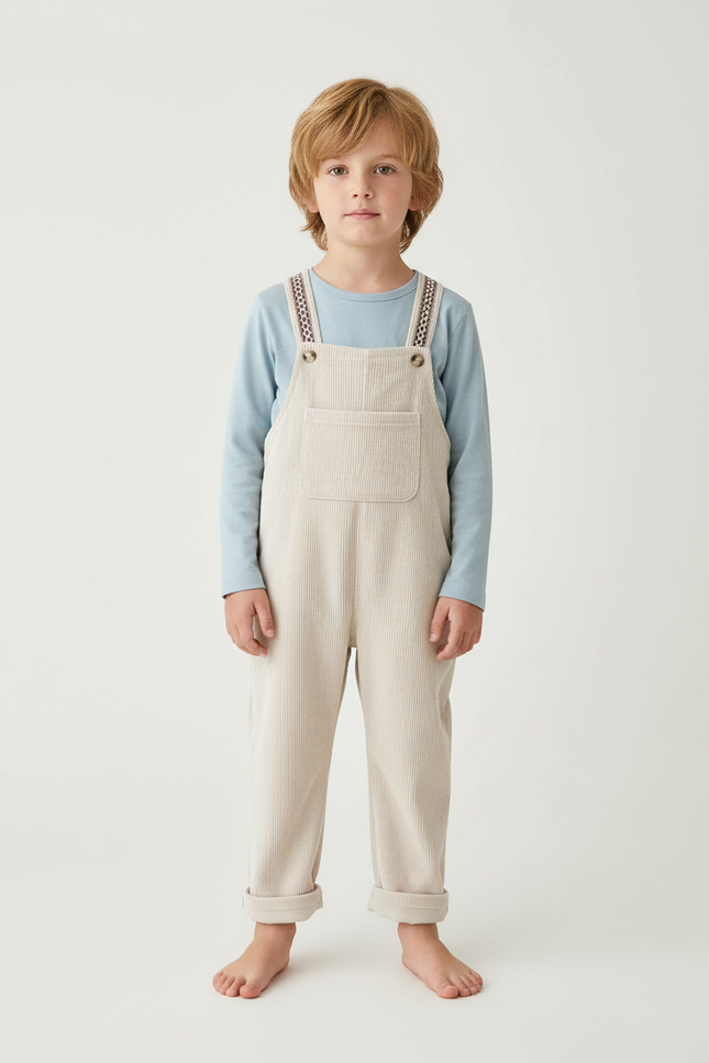 Pantalon Blanc Salopette Côtelée Ample Décontractée Enfant - Beige Cordé