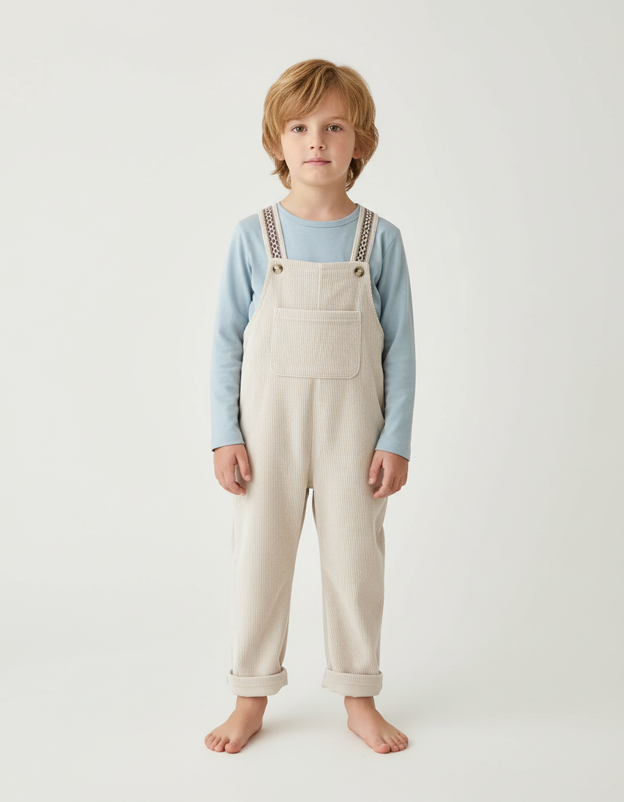 Pantalon Blanc Salopette Côtelée Ample Décontractée Enfant - Beige Cordé
