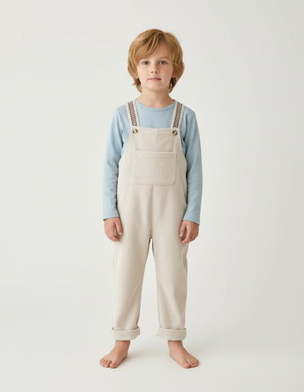 Pantalon Blanc Salopette Côtelée Ample Décontractée Enfant - Beige Cordé