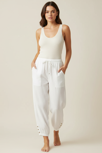 Pantalon Blanc Lin Ample Décontracté Confortable