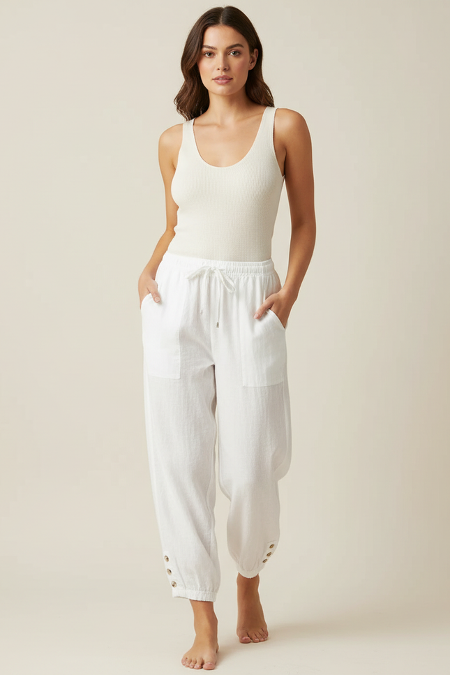 Pantalon Blanc Lin Ample Décontracté Confortable