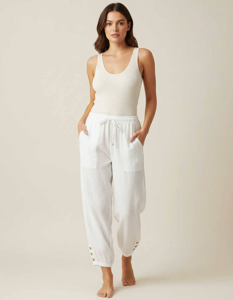 Pantalon Blanc Lin Ample Décontracté Confortable