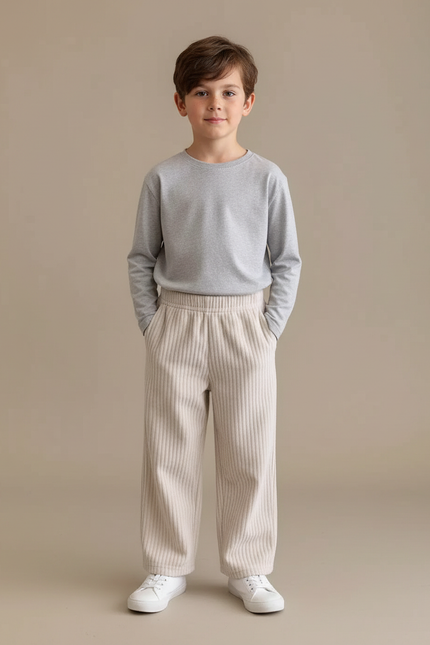 Pantalon Blanc Côtelé Ample Droit Enfant Confortable - Beige Cordé