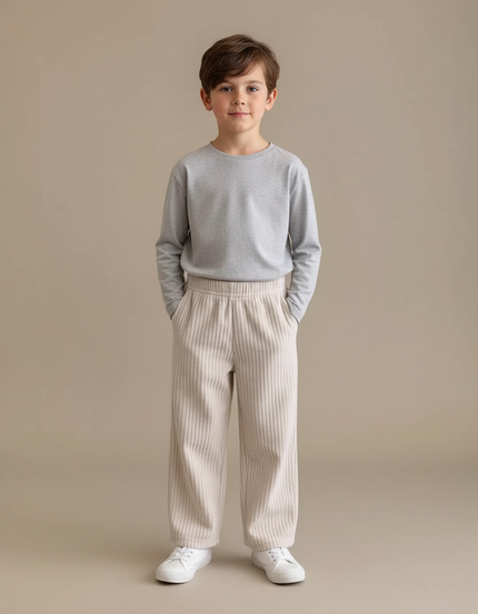 Pantalon Blanc Côtelé Ample Droit Enfant Confortable - Beige Cordé