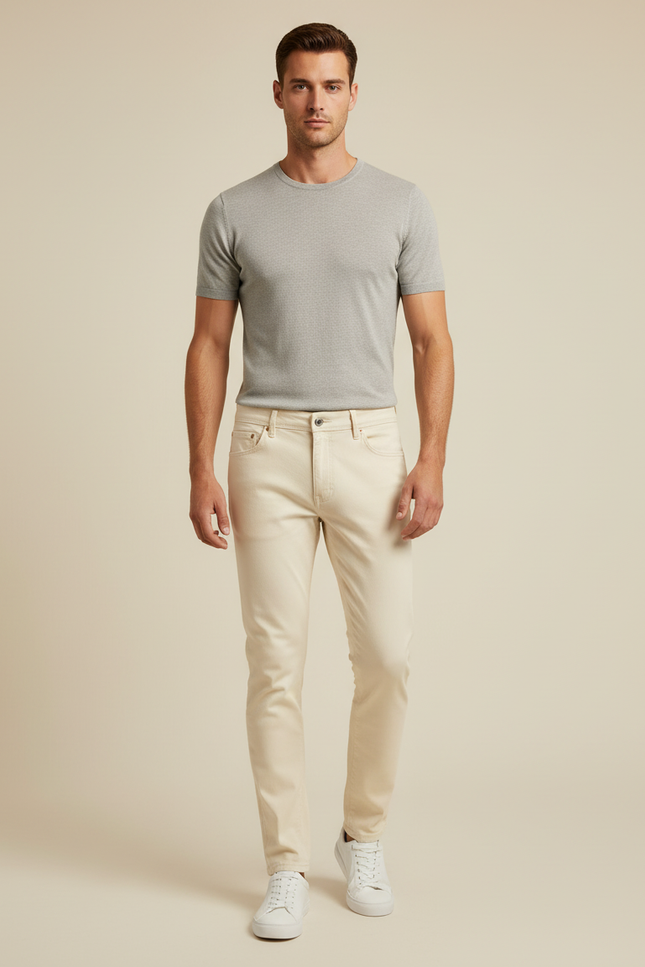 Pantalon Blanc Homme Slim Stretch Décontracté Crème - Beige Gabardine