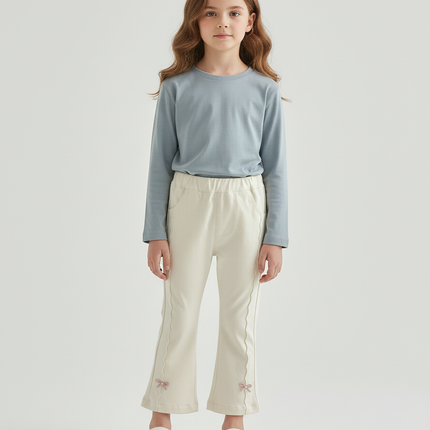 Pantalon Blanc Évasé Coton Nœuds Fille Confortable - Beige