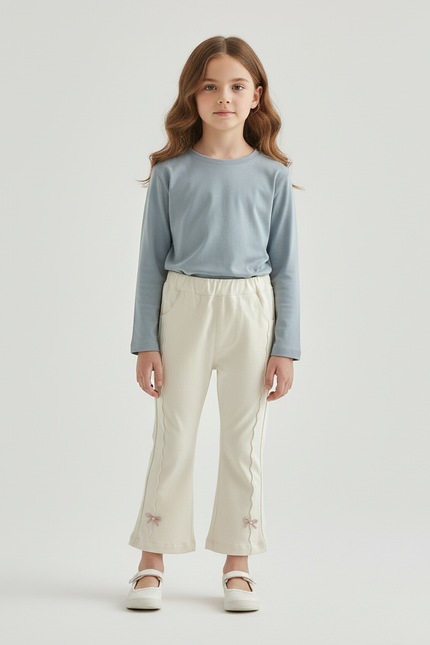 Pantalon Blanc Évasé Coton Nœuds Fille Confortable - Beige