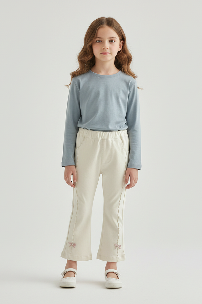 Pantalon Blanc Évasé Coton Nœuds Fille Confortable - Beige