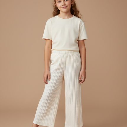 Pantalon Blanc Plissé Ample Confortable Fille Décontracté - Beige Maille