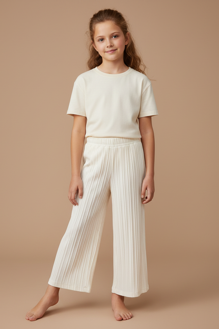 Pantalon Blanc Plissé Ample Confortable Fille Décontracté - Beige Maille