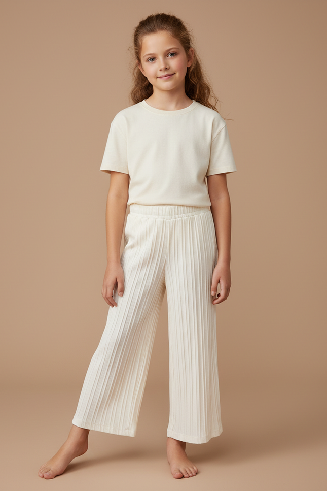 Pantalon Blanc Plissé Ample Confortable Fille Décontracté - Beige Maille