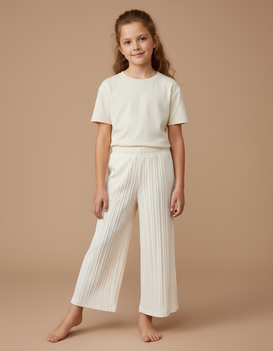 Pantalon Blanc Plissé Ample Confortable Fille Décontracté - Beige Maille