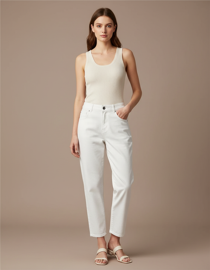 Pantalon Blanc Jean Décontracté Taille Haute Femme