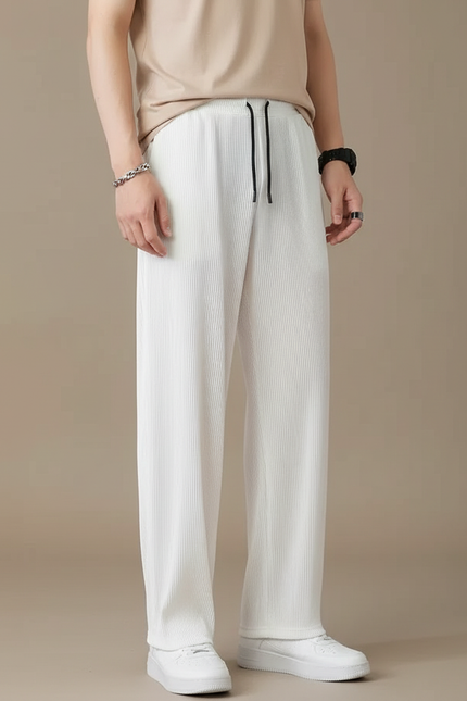 Pantalon Blanc Plissé Droit Ample Léger Homme - Polyester