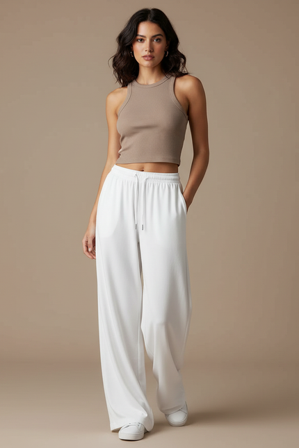 Pantalon Blanc Large Cordon Décontracté Femme - Molleton