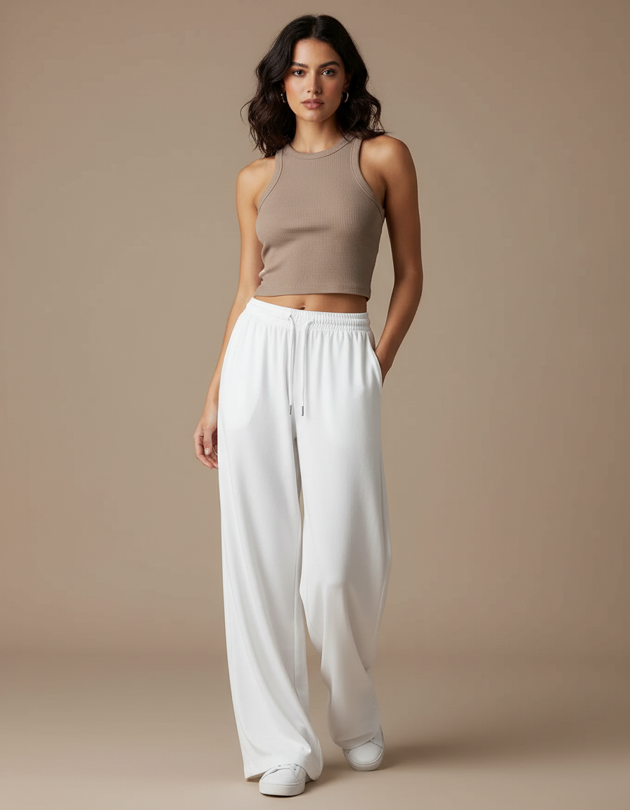 Pantalon Blanc Large Cordon Décontracté Femme - Molleton