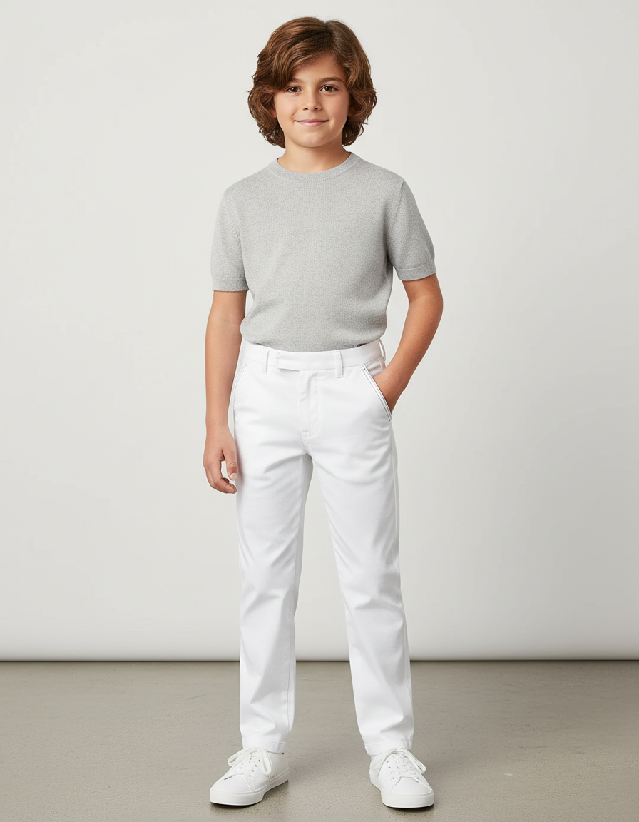 Pantalon Blanc Coton Ajusté Élégant Décontracté Garçon