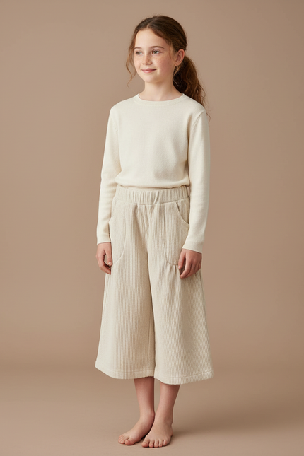 Pantalon Blanc Côtelé Ample Enfant Confortable - Beige Cordé