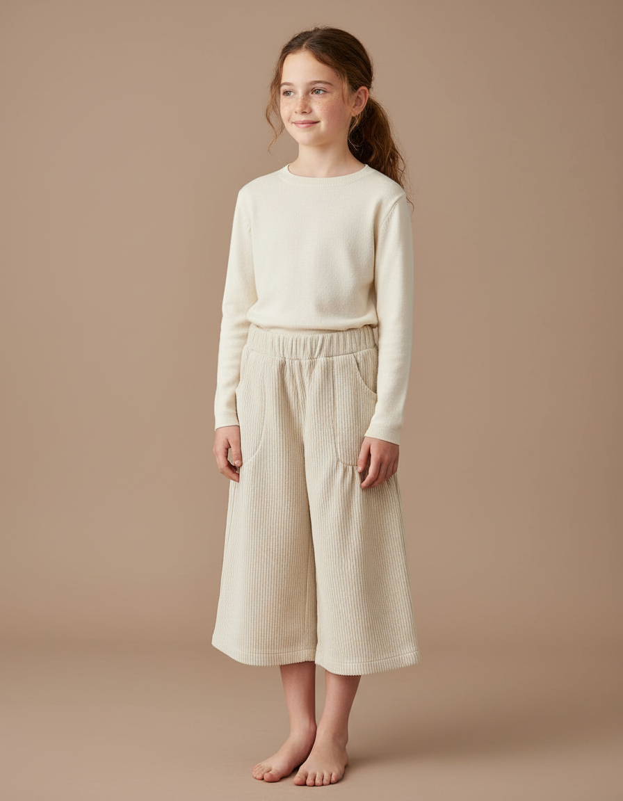 Pantalon Blanc Côtelé Ample Enfant Confortable - Beige Cordé