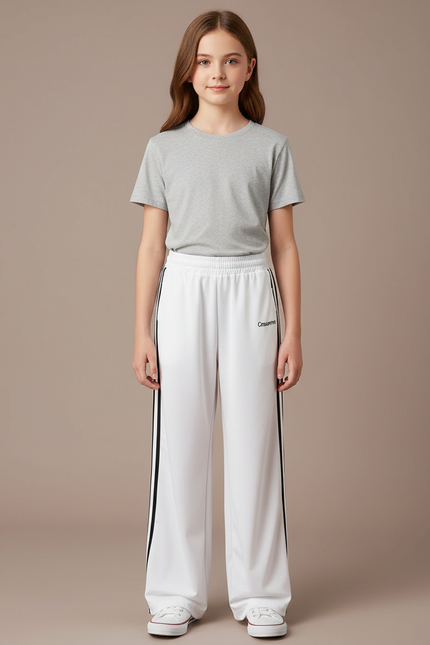Pantalon Blanc Sport Adolescent Ample Décontracté Rayures - Polyester