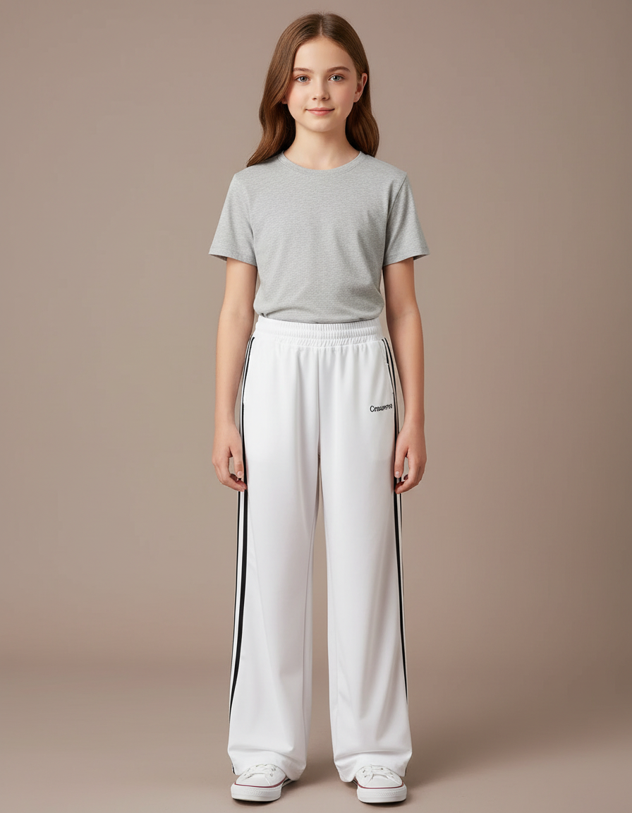 Pantalon Blanc Sport Adolescent Ample Décontracté Rayures - Polyester