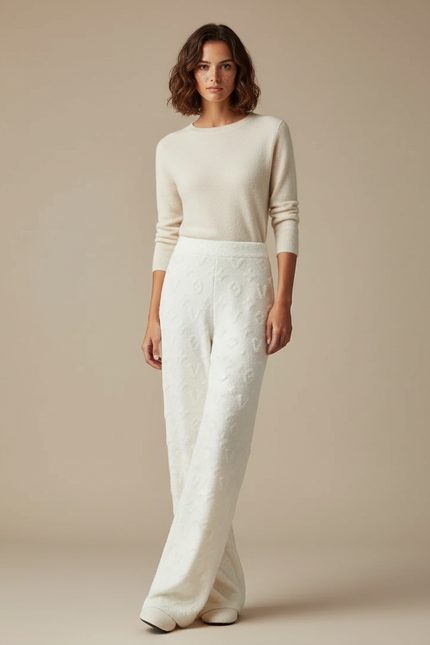 Pantalon Blanc Doux Tricoté Ample Confortable Motif - Maille