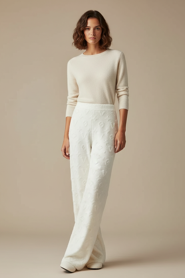Pantalon Blanc Doux Tricoté Ample Confortable Motif - Maille
