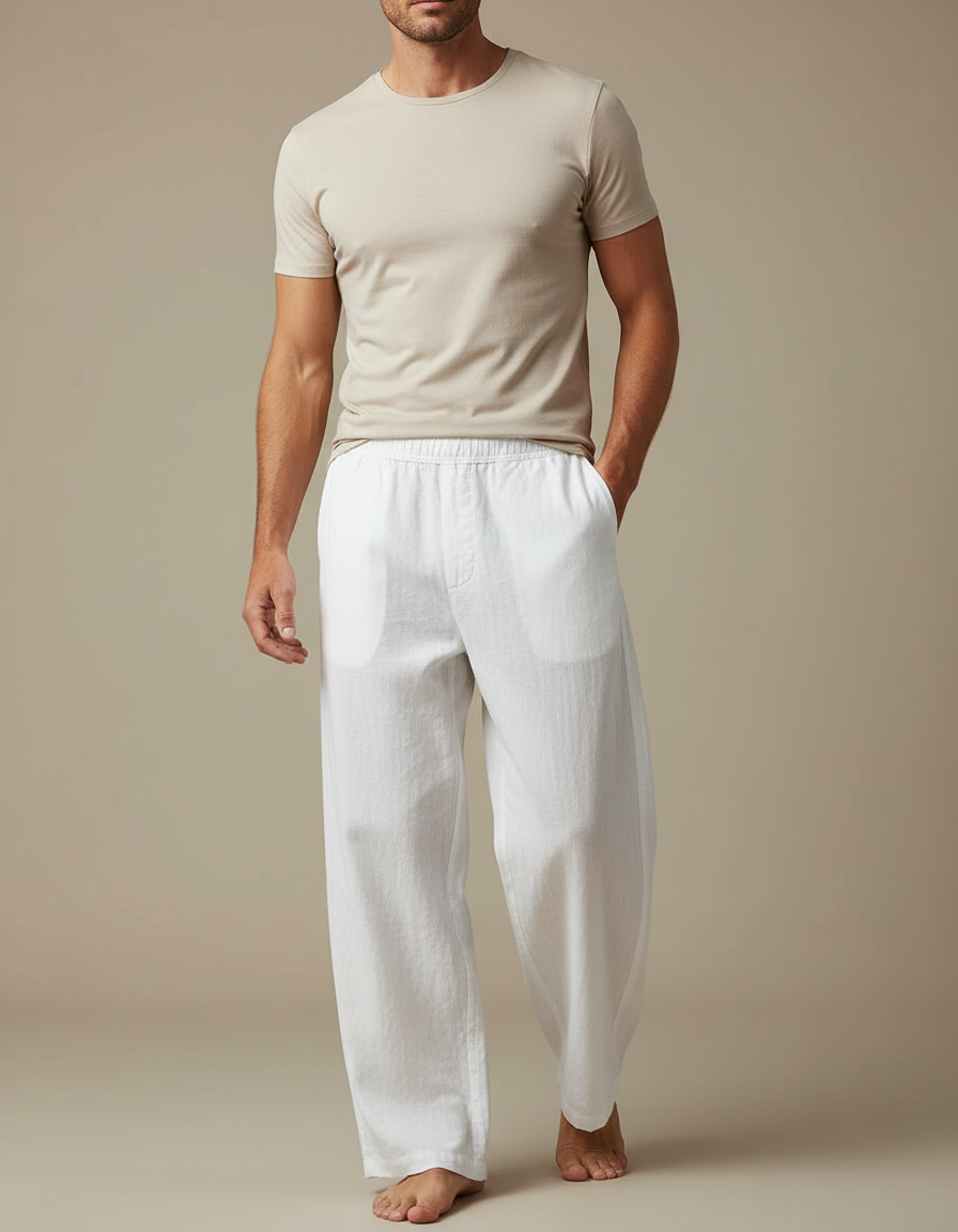 Pantalon Blanc Lin Ample Décontracté Homme Léger
