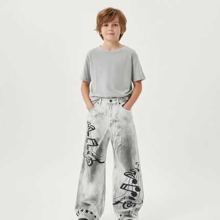 Pantalon Blanc Large Imprimé Notes Musique Garçon - Gris Jean