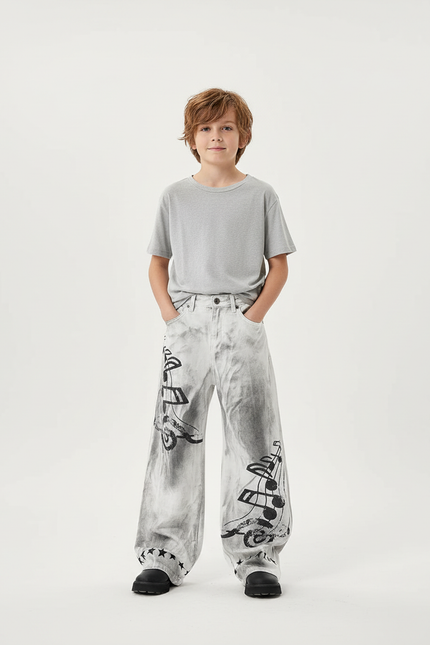 Pantalon Blanc Large Imprimé Notes Musique Garçon - Gris Jean