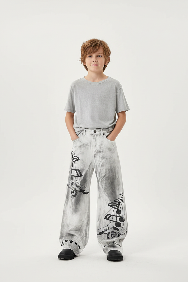Pantalon Blanc Large Imprimé Notes Musique Garçon - Gris Jean