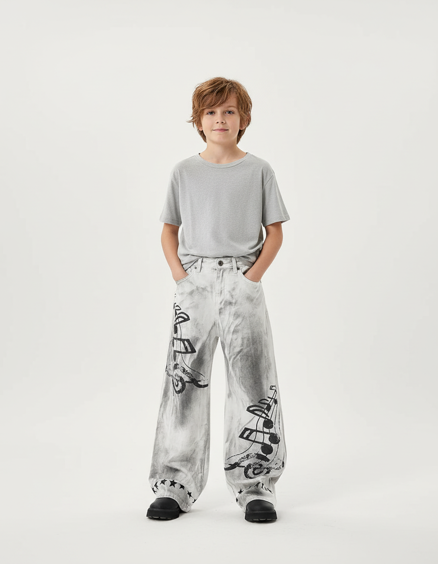 Pantalon Blanc Large Imprimé Notes Musique Garçon - Gris Jean