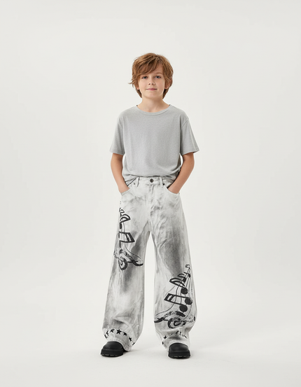 Pantalon Blanc Large Imprimé Notes Musique Garçon - Gris Jean