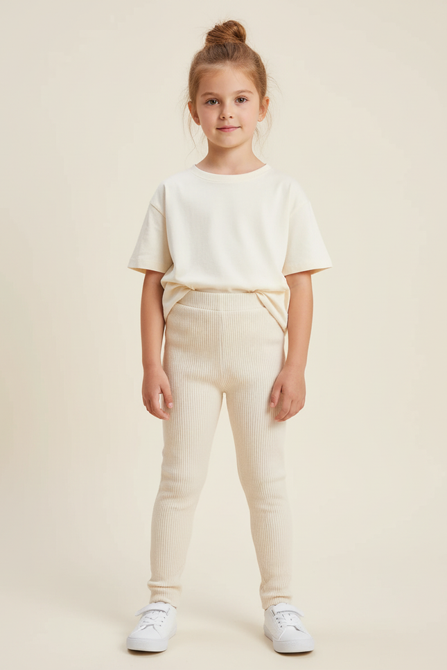 Pantalon Blanc Côtelé Confortable Élastique Enfant - Beige Maille