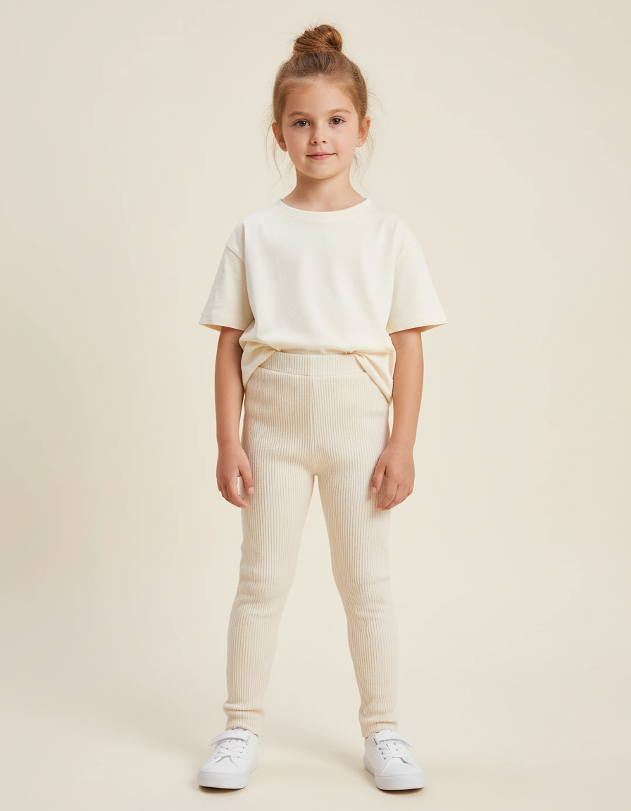 Pantalon Blanc Côtelé Confortable Élastique Enfant - Beige Maille