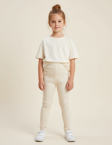 Pantalon Blanc Côtelé Confortable Élastique Enfant - Beige Maille