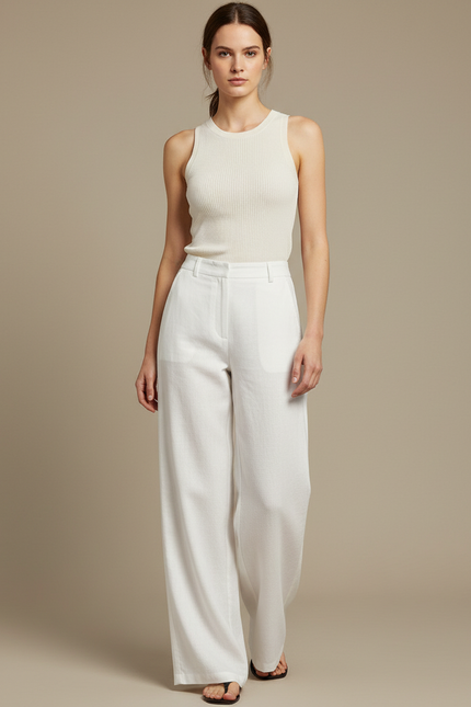 Pantalon Blanc Fluide Lin Ample Décontracté