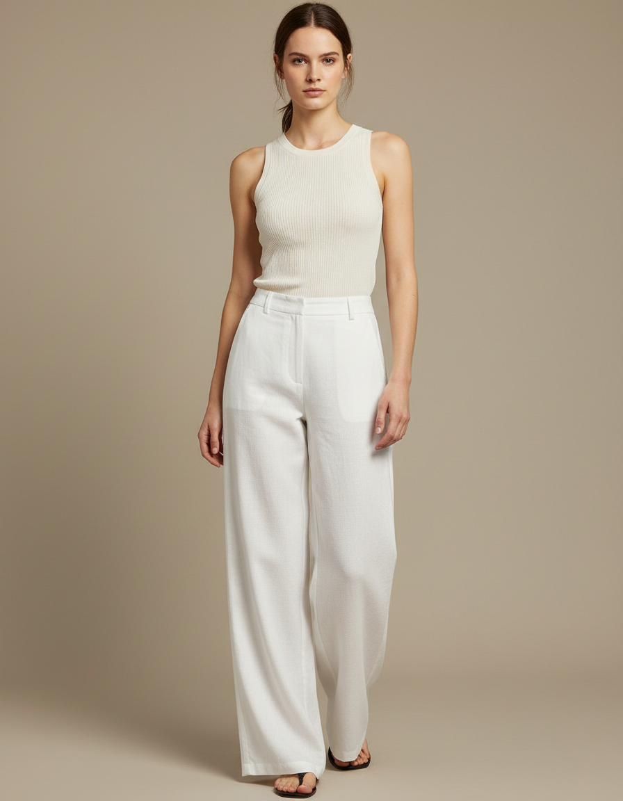 Pantalon Blanc Fluide Lin Ample Décontracté