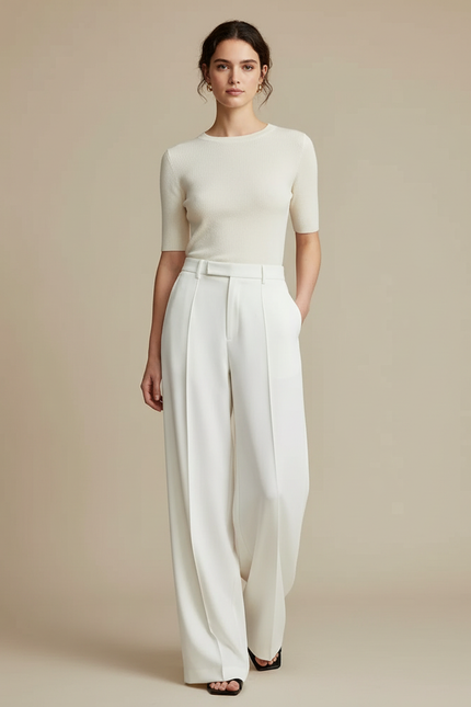Pantalon Blanc Fluide Habillé Taille Haute Femme - Viscose