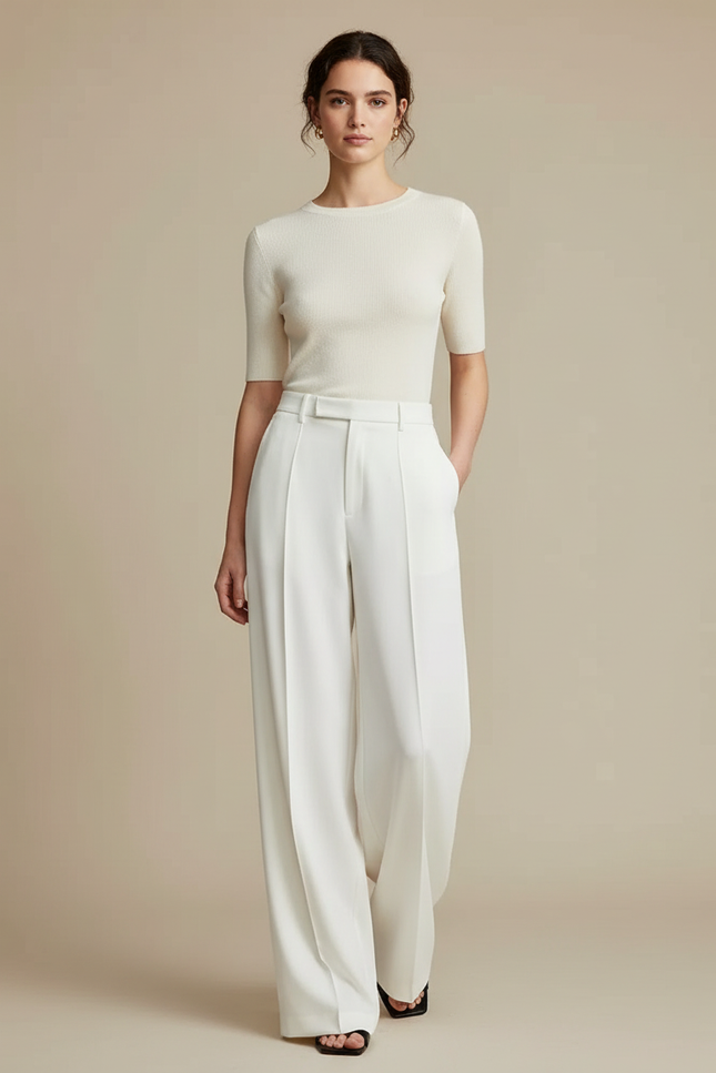 Pantalon Blanc Fluide Habillé Taille Haute Femme - Viscose