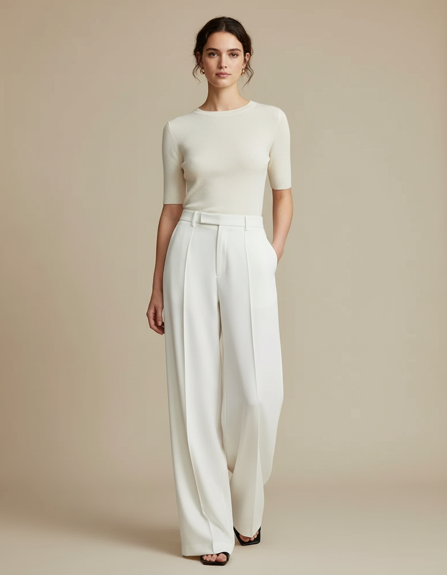 Pantalon Blanc Fluide Habillé Taille Haute Femme - Viscose