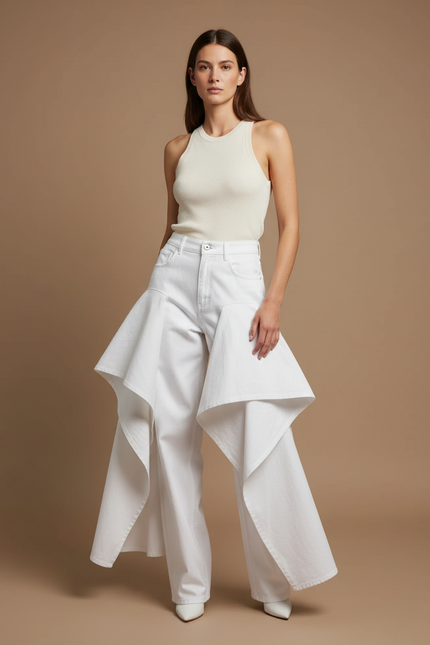 Pantalon Blanc Plissé Évasé Fluide Élégant Femme - Jean