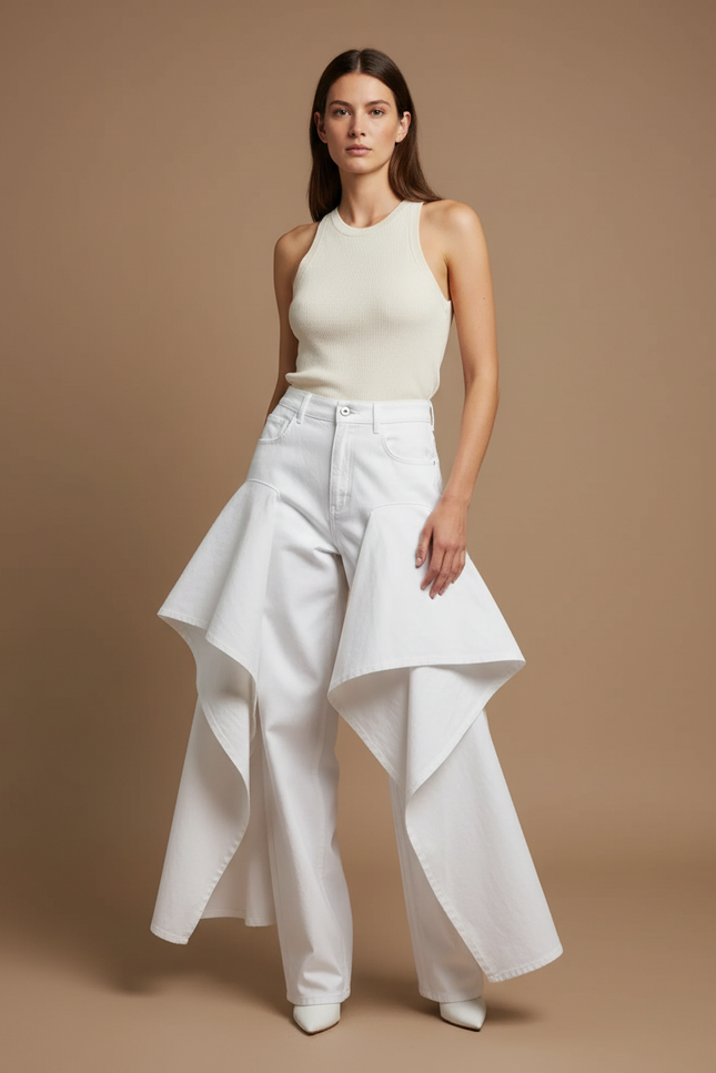 Pantalon Blanc Plissé Évasé Fluide Élégant Femme - Jean