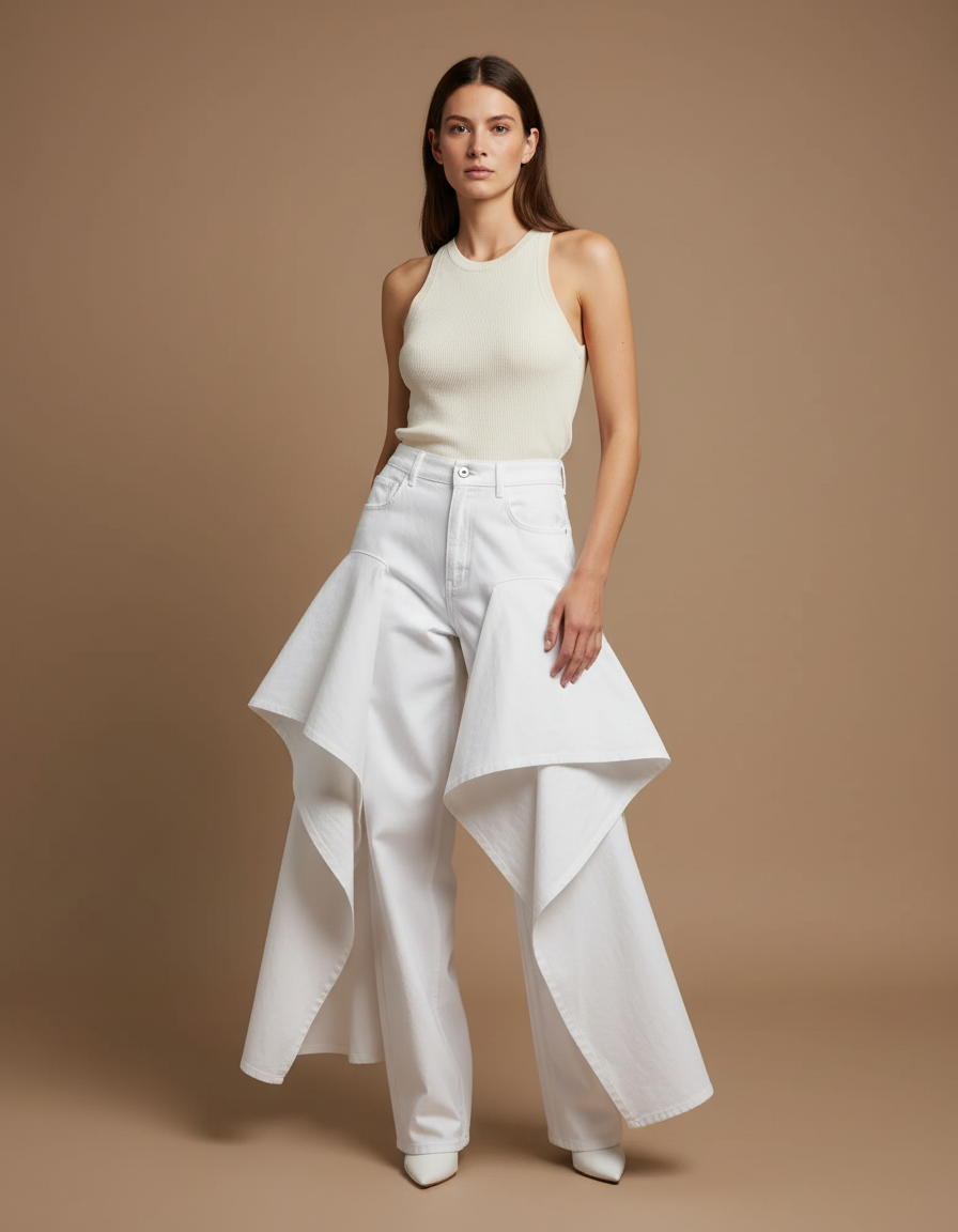 Pantalon Blanc Plissé Évasé Fluide Élégant Femme - Jean