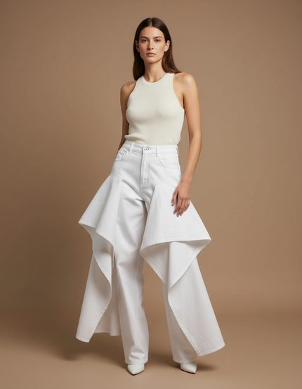 Pantalon Blanc Plissé Évasé Fluide Élégant Femme - Jean