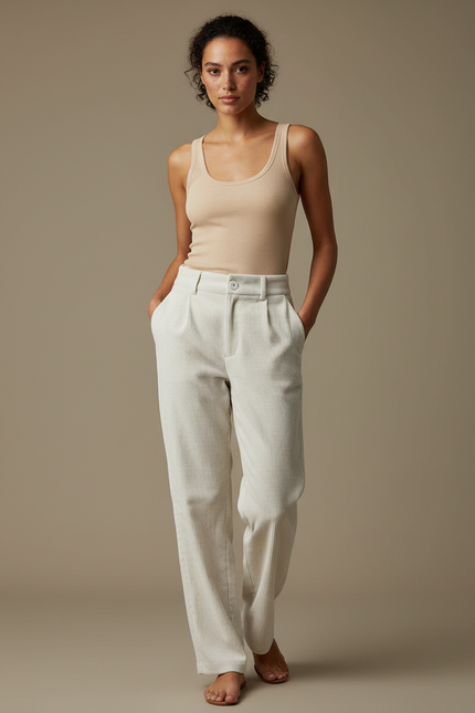 Pantalon Blanc Côtelé Droit Taille Haute Décontracté - Cordé