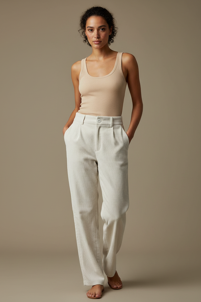 Pantalon Blanc Côtelé Droit Taille Haute Décontracté - Cordé
