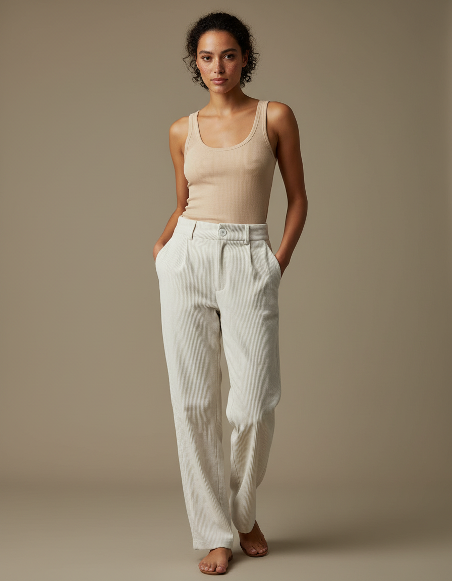 Pantalon Blanc Côtelé Droit Taille Haute Décontracté - Cordé