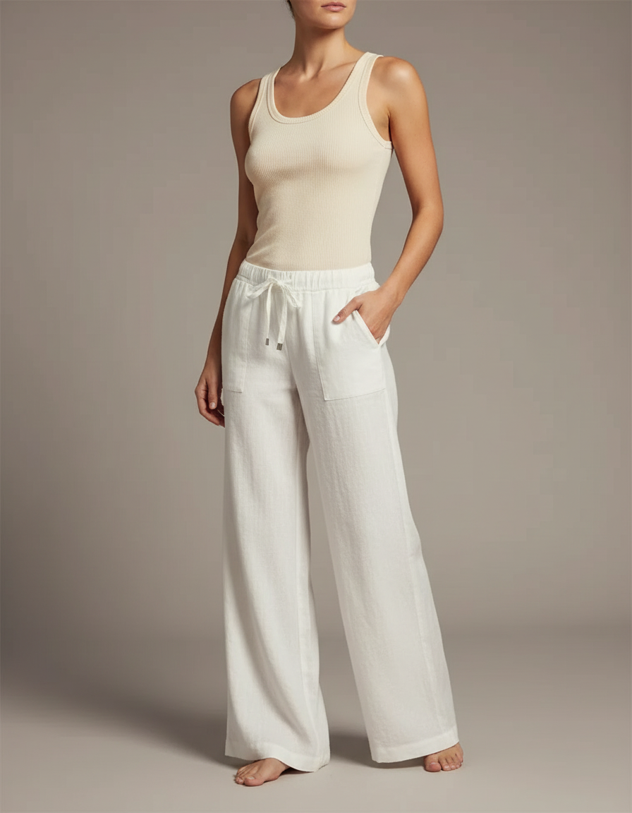 Pantalon Blanc Lin Cordon Ample Femme Décontracté